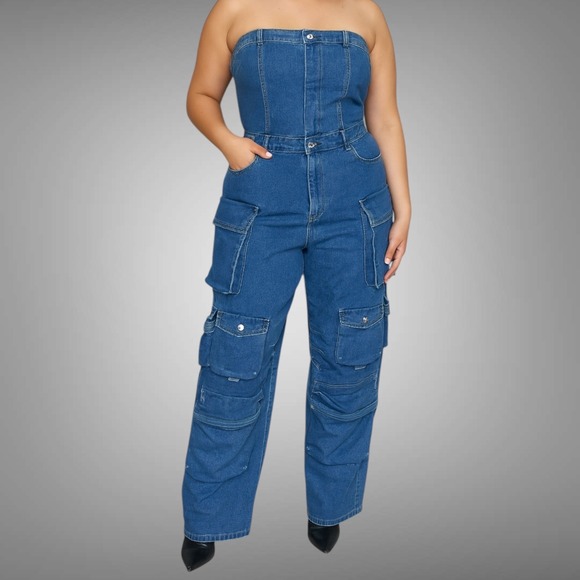 GALITA FASHION Pants - Hip Hop Womens Jumpsuit L Blue Denim Strapless‎ Cargo Pockets  Retro Streetwear